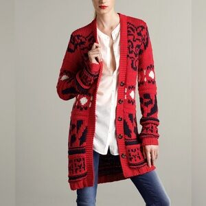 OUI | Red Patterned Knit Duster Button Up Sweater Made in Germany Size 2
